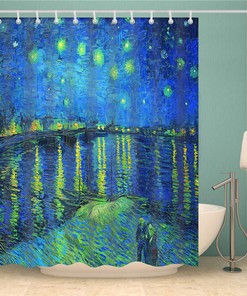 Blue Van Gogh Starry Night Shower Curtain | Famous Dutch Painter Oil Painting Bathroom Curtain | Home Art Decor + Quotes