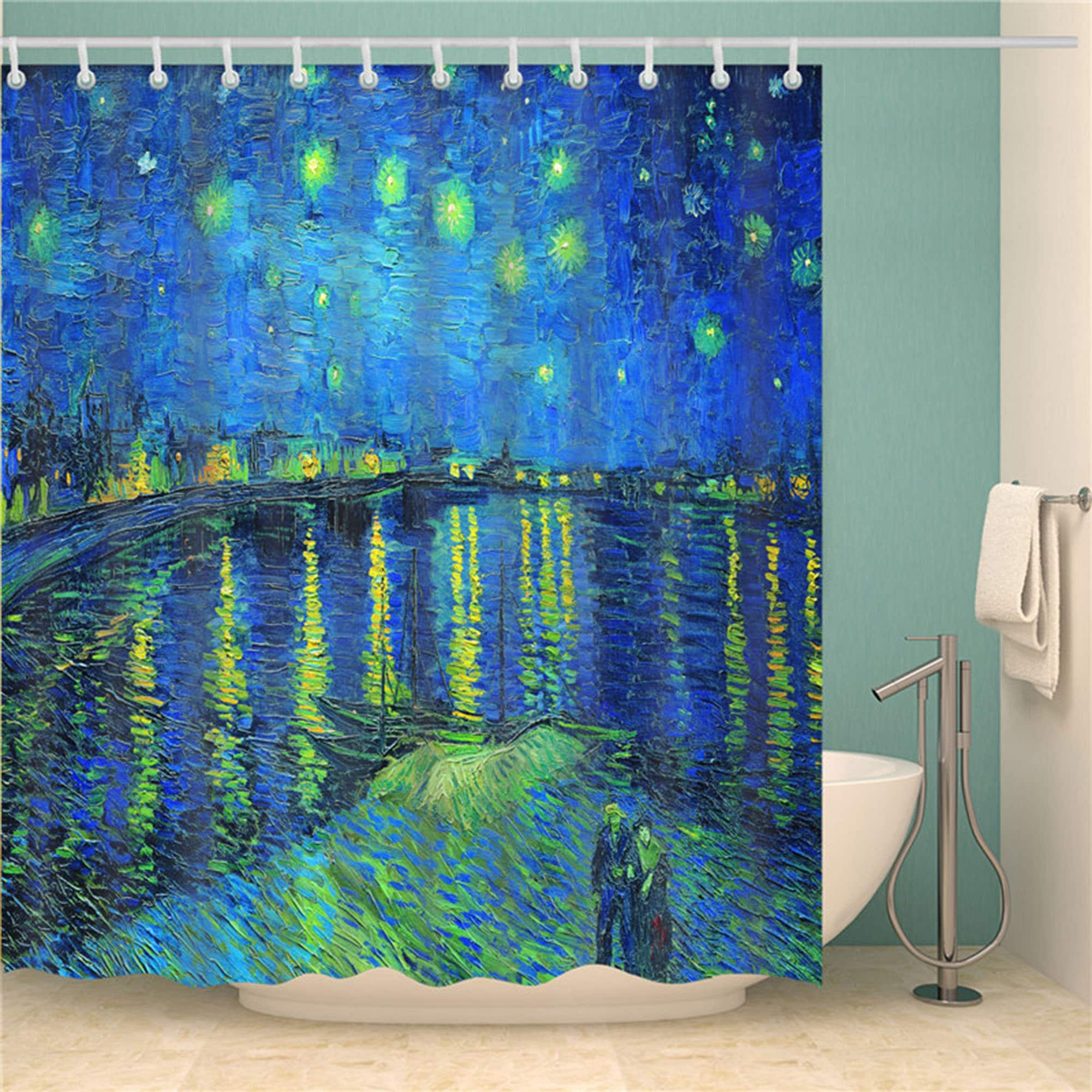 Blue Van Gogh Starry Night Shower Curtain | Famous Dutch Painter Oil Painting Bathroom Curtain | Home Art Decor + Quotes