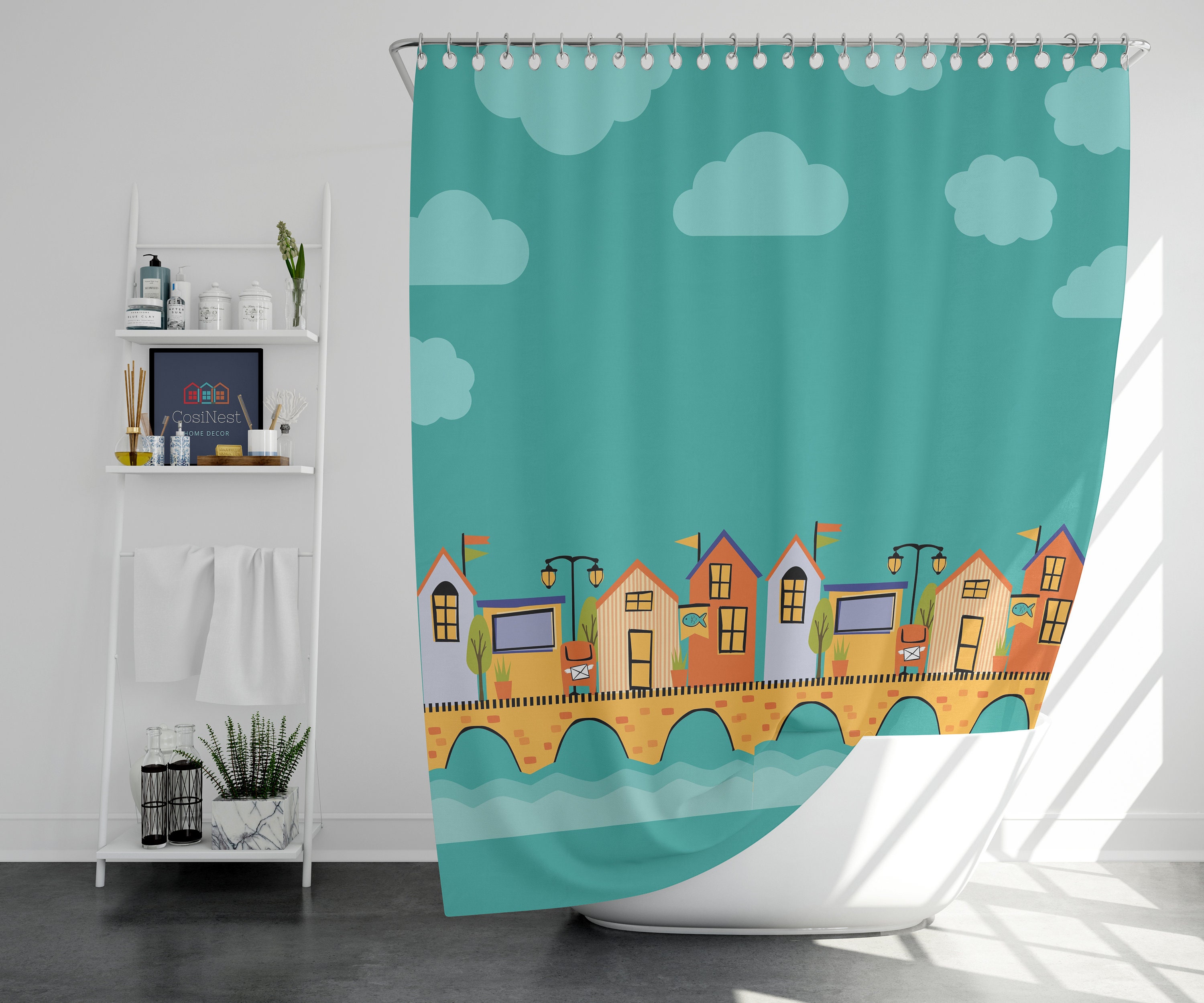 Blue Village Stonebridge Shower Curtain, Colorful Houses by the River Fabric Bathroom Decor, Housewarming Gift Idea