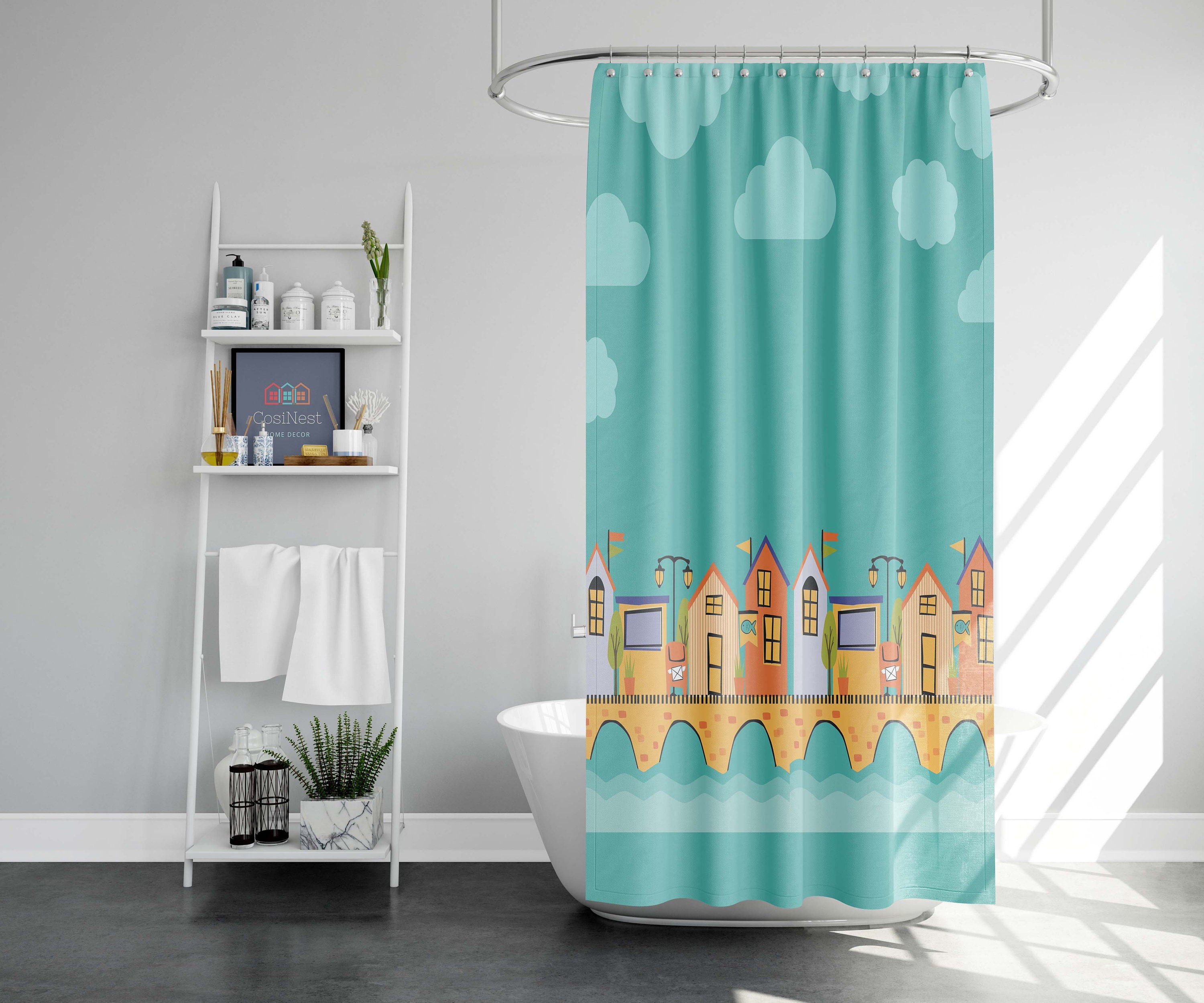 Blue Village Stonebridge Shower Curtain, Colorful Houses by the River Fabric Bathroom Decor, Housewarming Gift Idea - Image 2