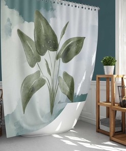 Blue Watercolor Leaves Shower Curtain | Botanical Tropical Leaf, Fabric Bathroom Mat Curtain | Home Bath Decor