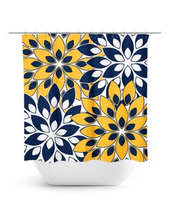 Blue and Gold Flower Burst Shower Curtain, Elegant Navy Blue Shower Curtain Art for Blue Yellow Floral Bathroom