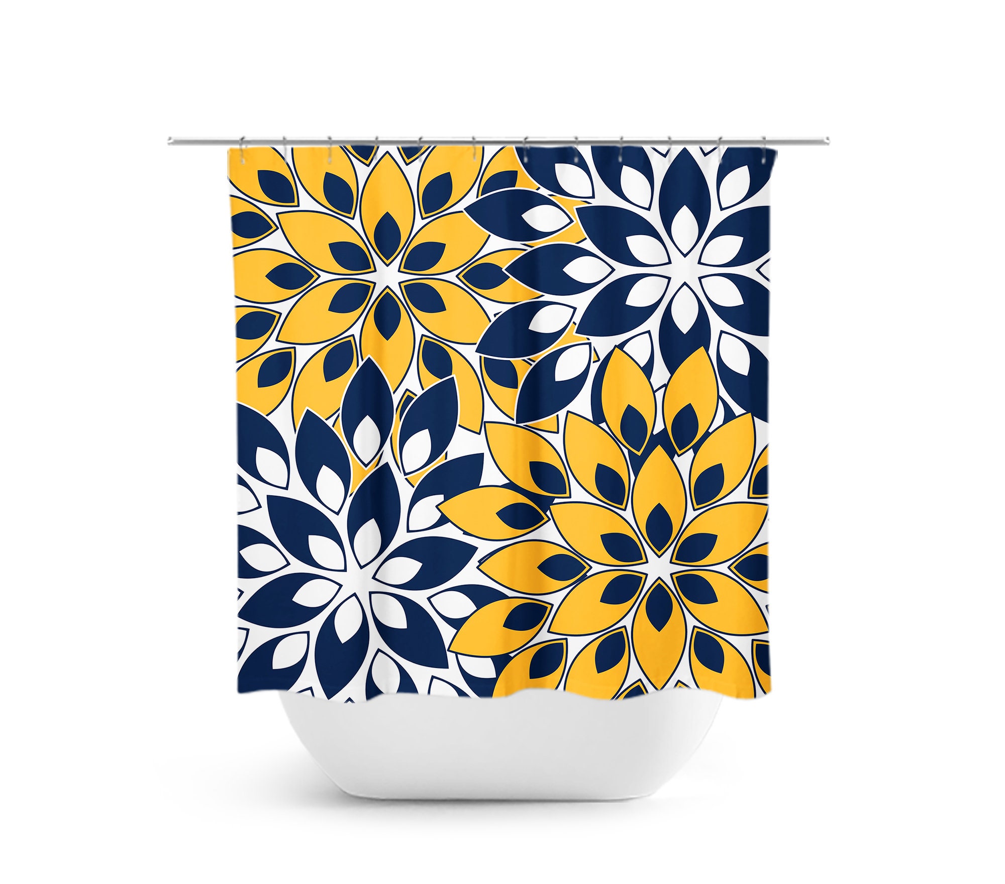 Blue and Gold Flower Burst Shower Curtain, Elegant Navy Blue Shower Curtain Art for Blue Yellow Floral Bathroom