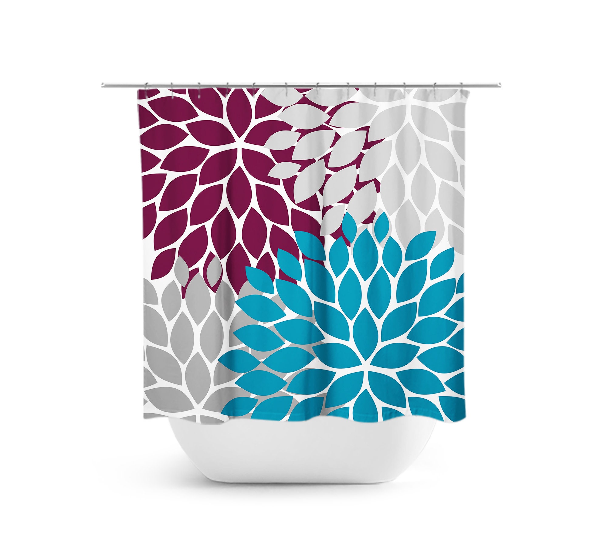 Blue and Plum Floral Shower Curtain, Modern Fabric Bath Curtain for Plum Blue Bathroom with Elegant Design.