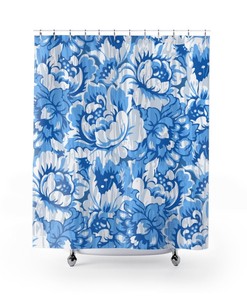 Blue and White Colonial Shower Curtain | Floral Pattern | Bath Decor | Contemporary Bath