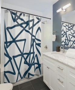 Blue and White Minimalistic abstract Triangle Vintage Shower Curtain, Geometric Print Bath Curtain
