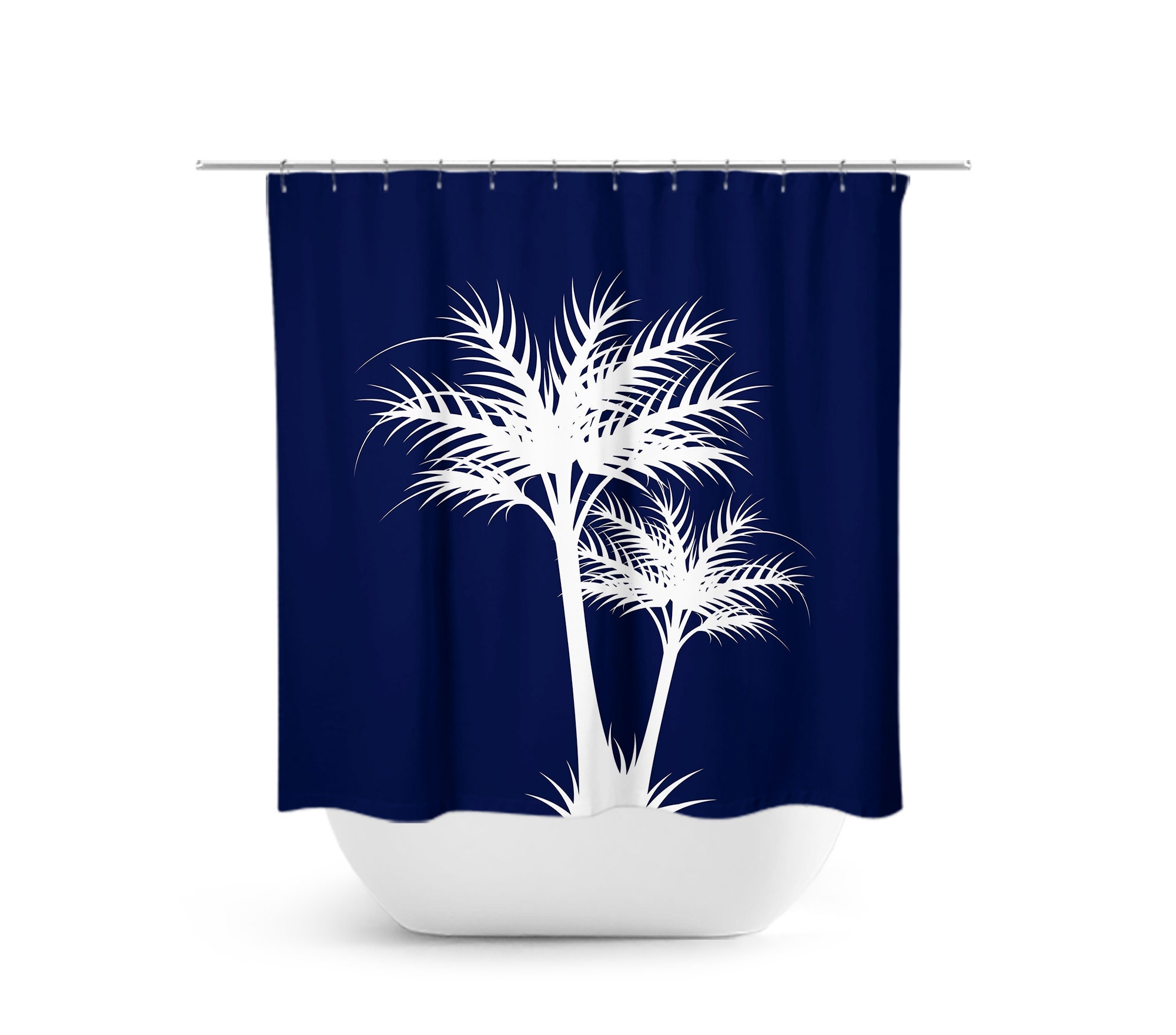 Blue and White Palm Tree Shower Curtain, Coastal Bathroom Decor for Beach House, Guest Bathroom - SHOWER91