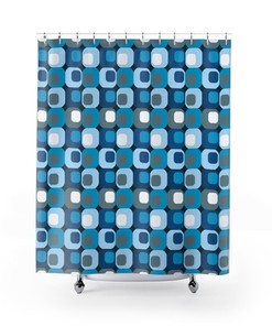 Blue and White Retro Mid Century Modern Shower Curtain for Vintage Bathroom