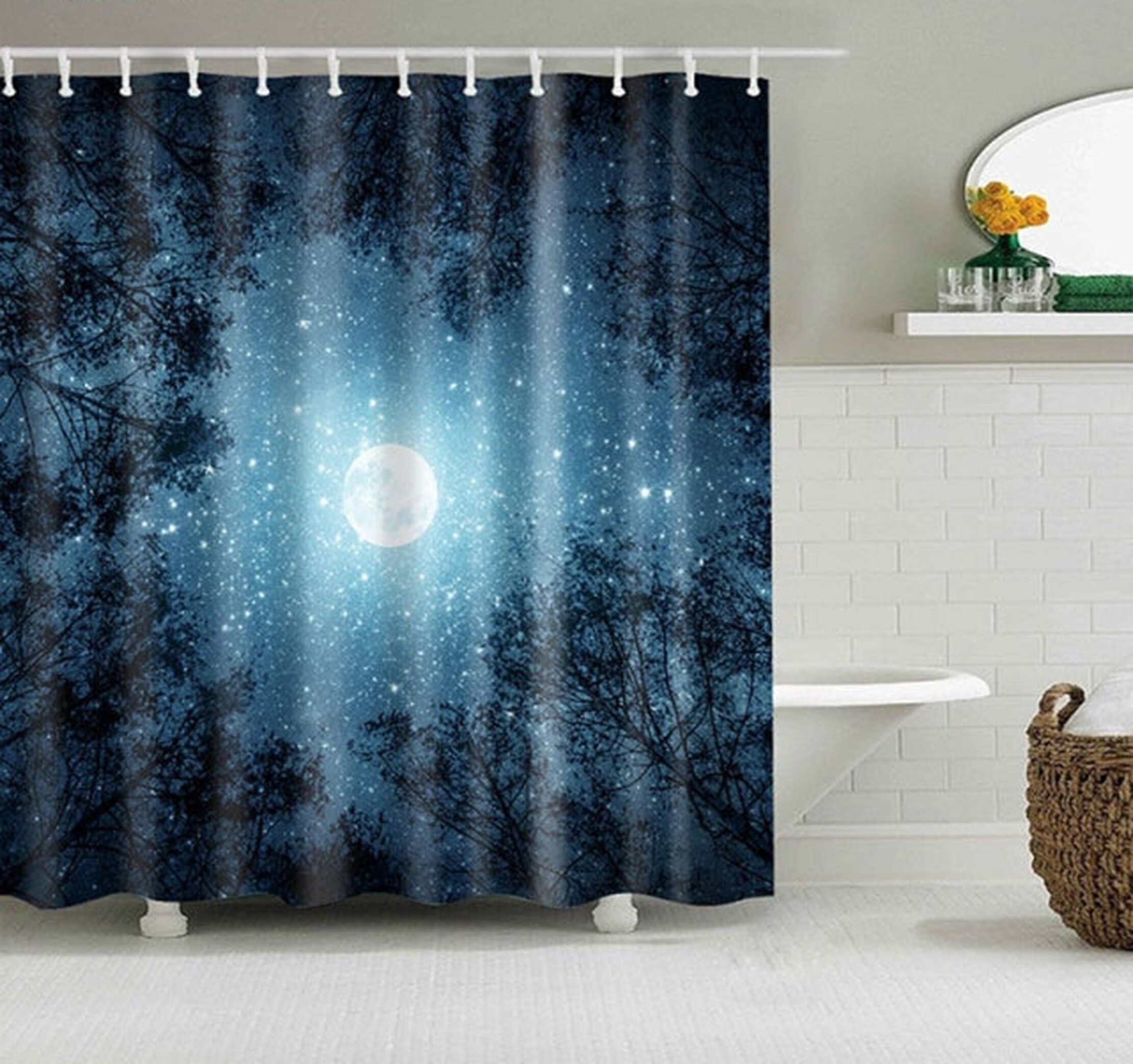 Blue nature star moon landscape Shower Curtain | Starry night in the forest | Fabric Bathroom Curtain