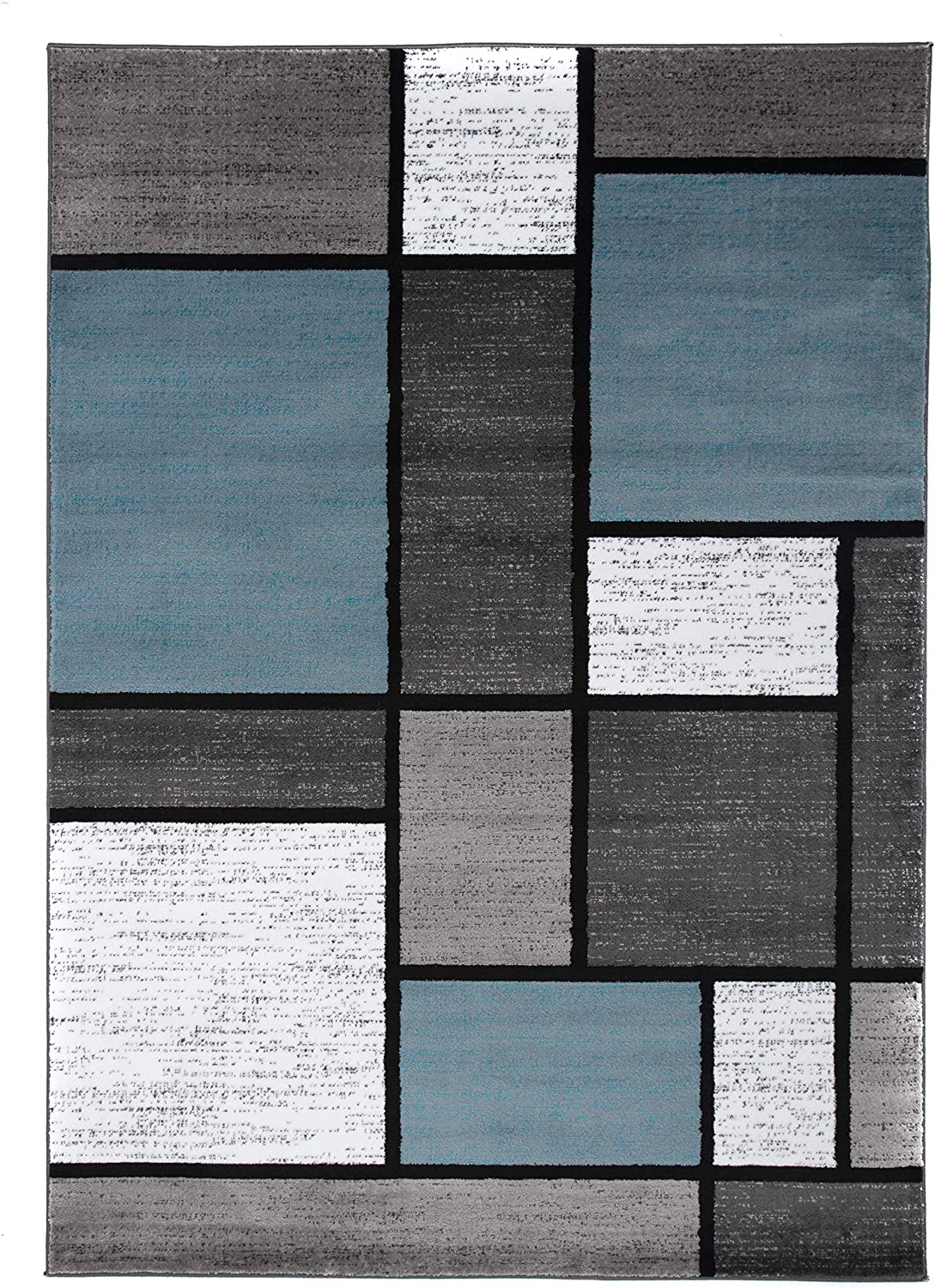 Blue/Gray Contemporary Modern Boxes Area Rug - Easy Cleaning for Home Office - Non Shedding Carpet