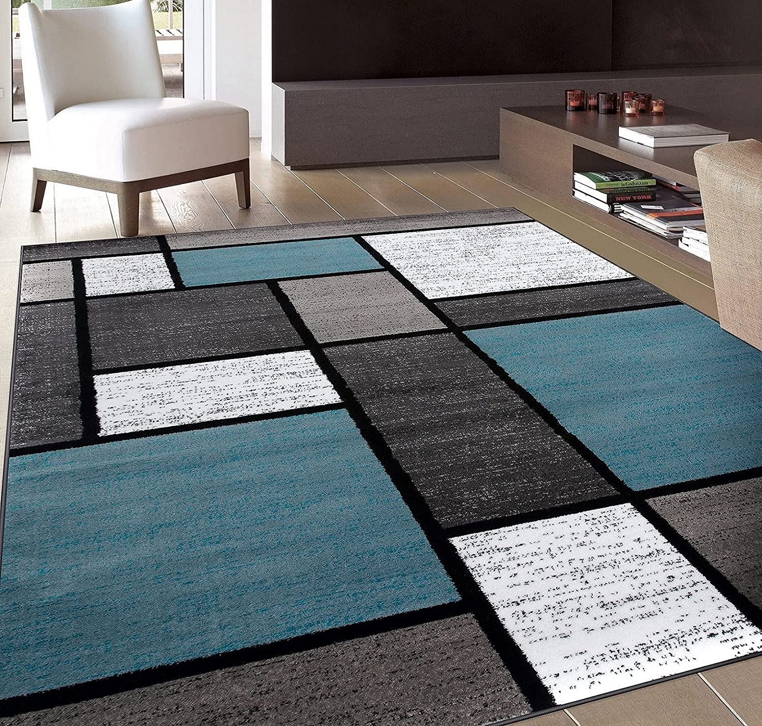 Blue/Gray Contemporary Modern Boxes Area Rug - Easy Cleaning for Home Office - Non Shedding Carpet - Image 2