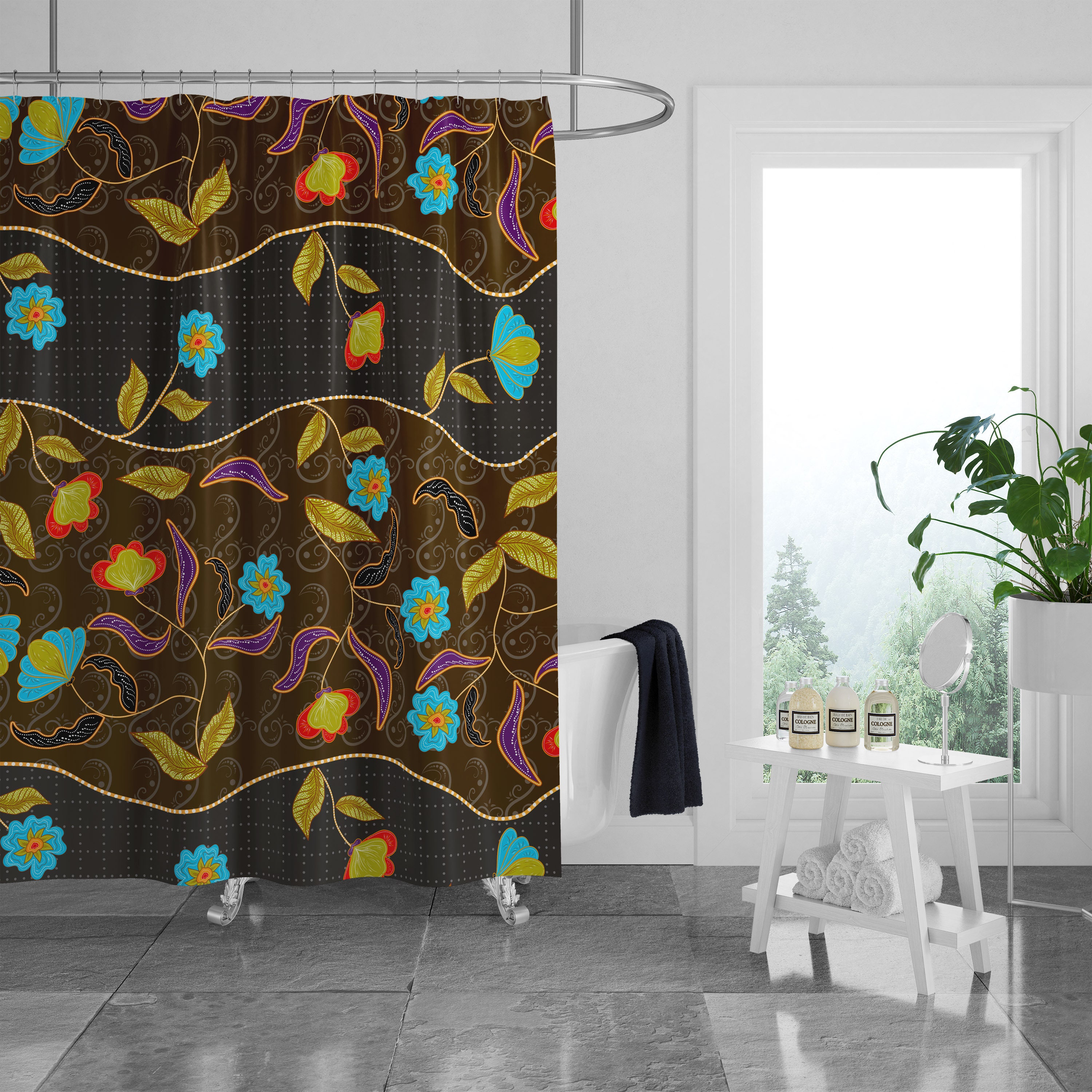 Bohemian Abstract Shower Curtain with Optional Matching Towels and Mat for Unique Bathroom Decor