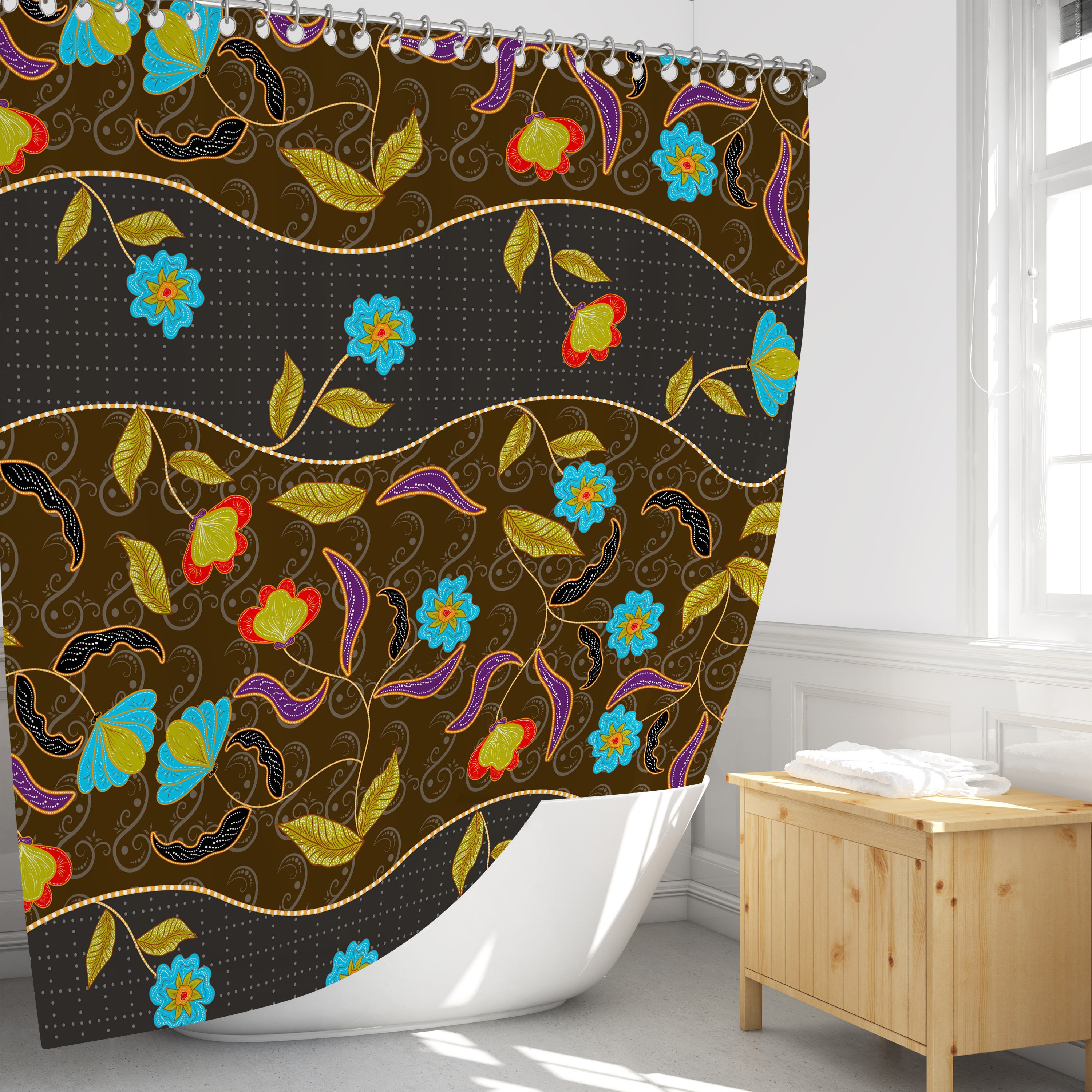 Bohemian Abstract Shower Curtain with Optional Matching Towels and Mat for Unique Bathroom Decor - Image 3