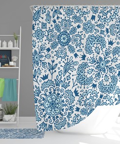 Bohemian Boho Retro Flowers Fabric Bathroom Curtain & Mat, Blue Floral Vintage Shower Curtain