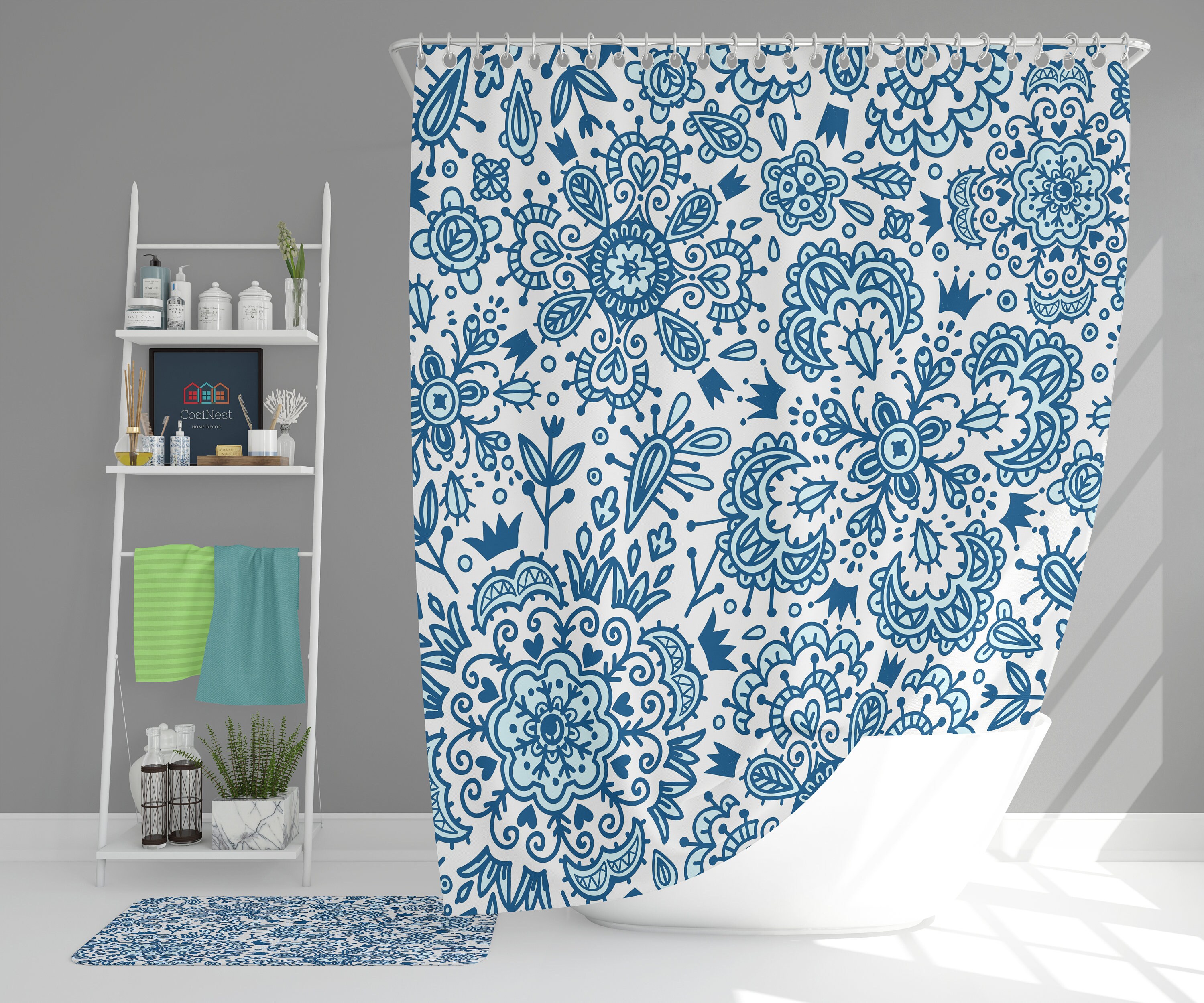 Bohemian Boho Retro Flowers Fabric Bathroom Curtain & Mat, Blue Floral Vintage Shower Curtain