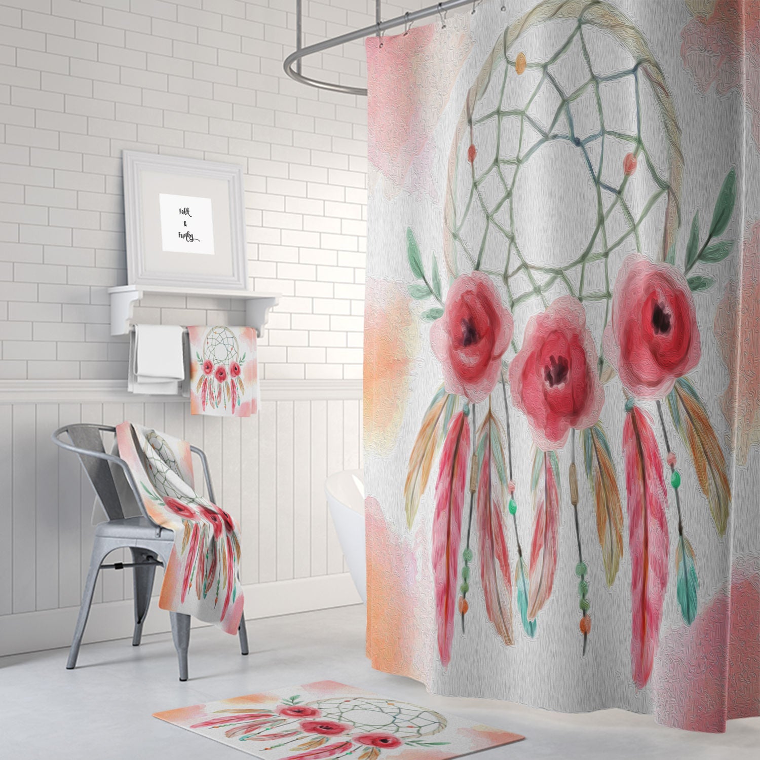 Bohemian Dream Catcher Shower Curtain featuring Painted Rose Bath Mat and Towels Option