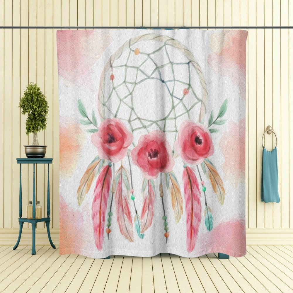 Bohemian Dream Catcher Shower Curtain featuring Painted Rose Bath Mat and Towels Option - Image 2