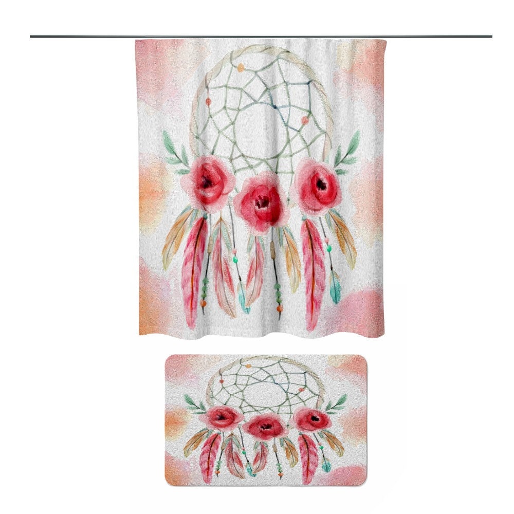 Bohemian Dream Catcher Shower Curtain featuring Painted Rose Bath Mat and Towels Option - Image 3