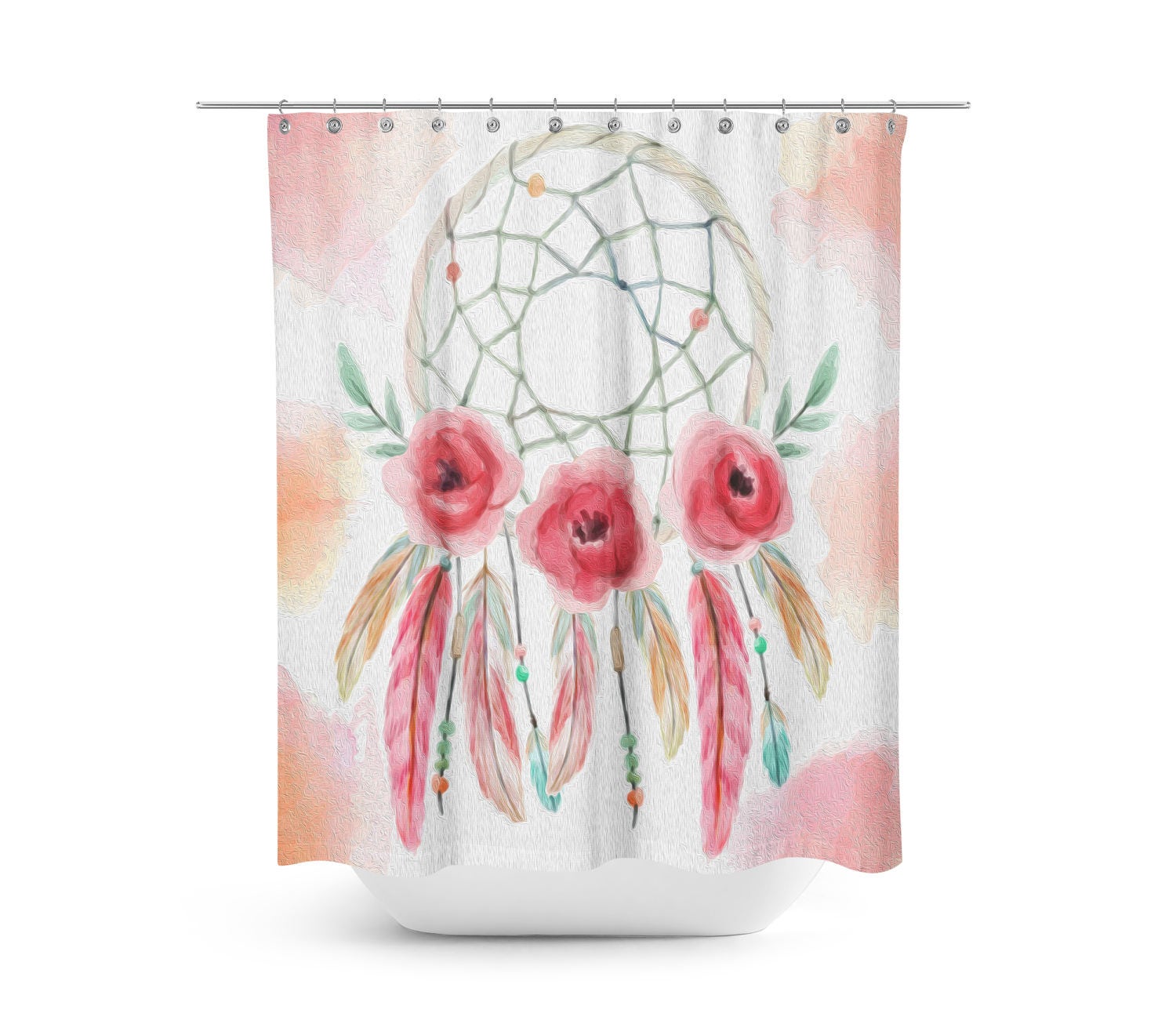 Bohemian Dream Catcher Shower Curtain featuring Painted Rose Bath Mat and Towels Option - Image 4