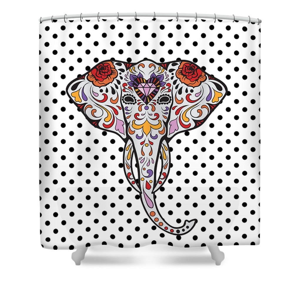 Bohemian Elephant Shower Curtain with Polka Dot Sugar Skull Design
