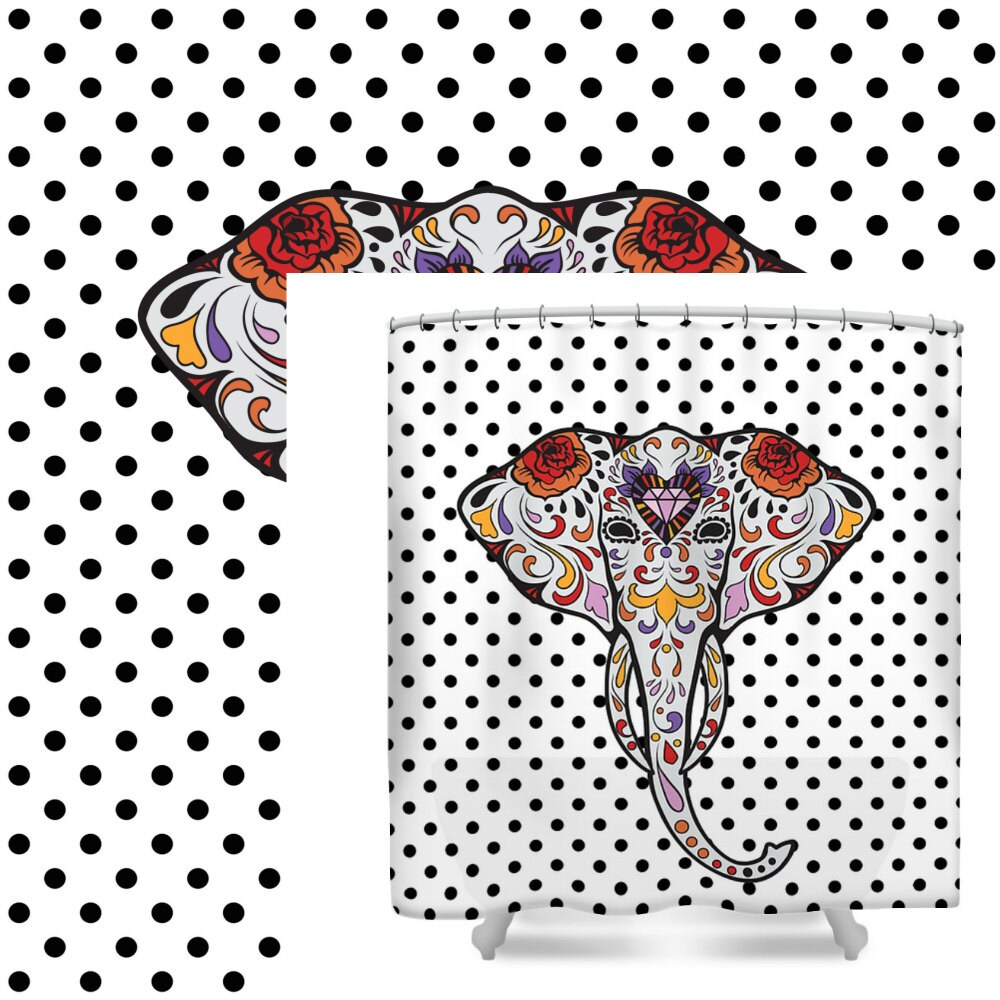 Bohemian Elephant Shower Curtain with Polka Dot Sugar Skull Design - Image 2