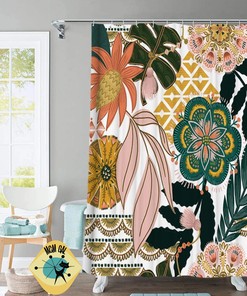 Bohemian Floral Modern Shower Curtain in Black, Emerald Green, Pink, and Mustard with Retro Boho Style