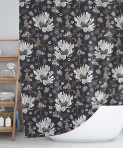 Bohemian Floral Shower Curtain, White Grey Brown Flowers Bath Curtain, Colorful Boho Bath Decor