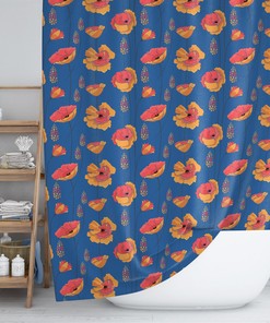 Bohemian Flowers Shower Curtain, Modern Bath Accessories, Orange & Blue Floral Boho Design