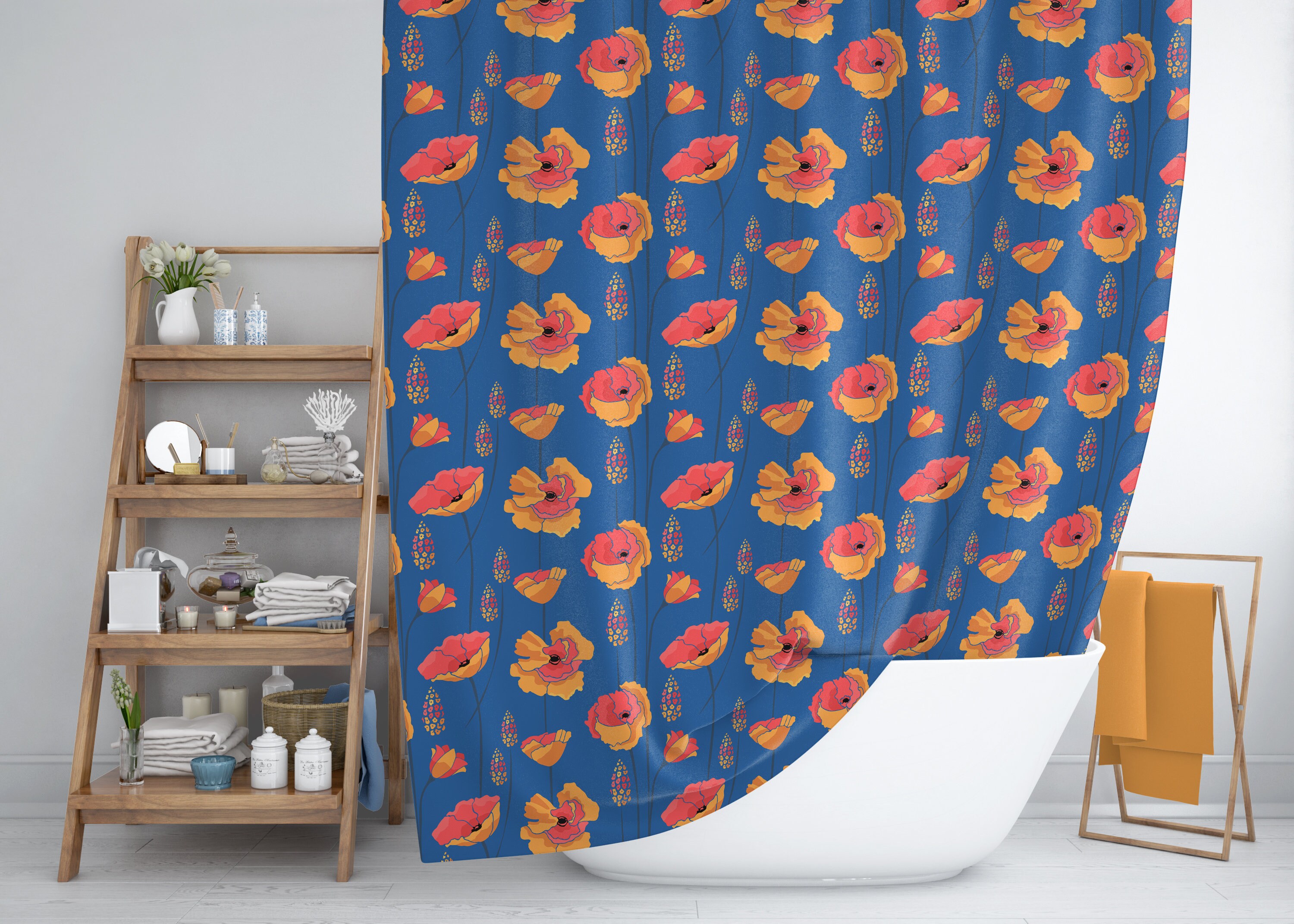Bohemian Flowers Shower Curtain, Modern Bath Accessories, Orange & Blue Floral Boho Design