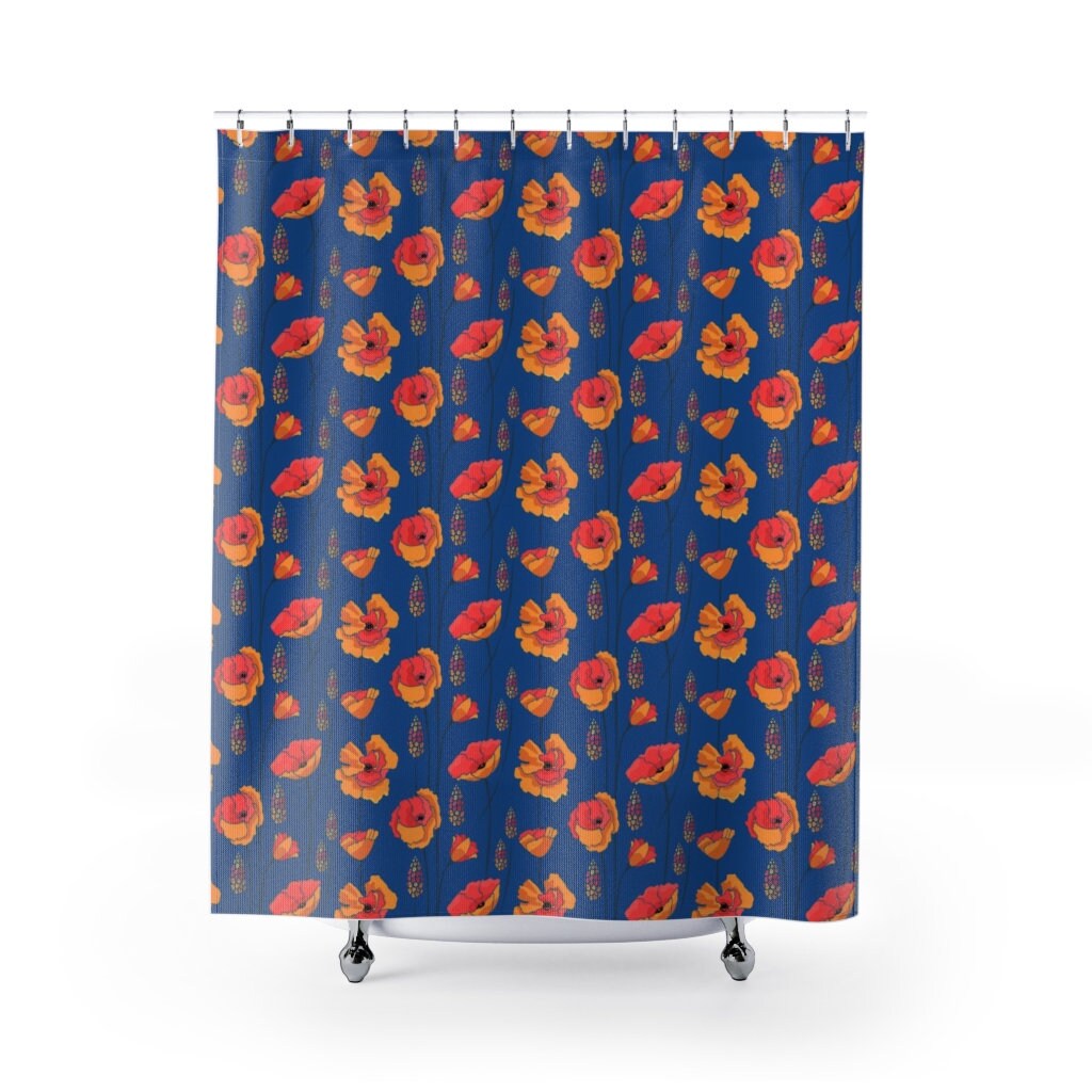 Bohemian Flowers Shower Curtain, Modern Bath Accessories, Orange & Blue Floral Boho Design - Image 2