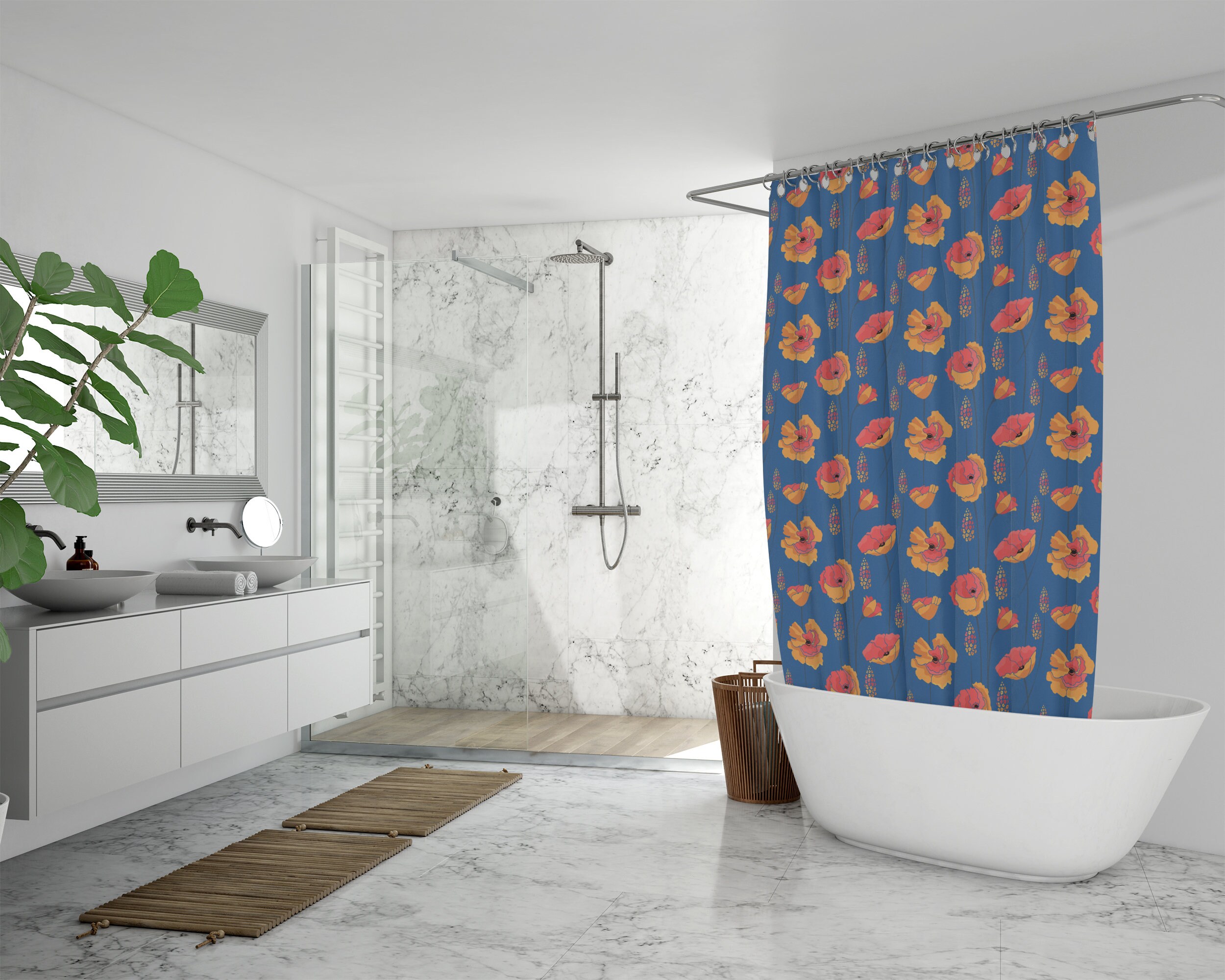 Bohemian Flowers Shower Curtain, Modern Bath Accessories, Orange & Blue Floral Boho Design - Image 3