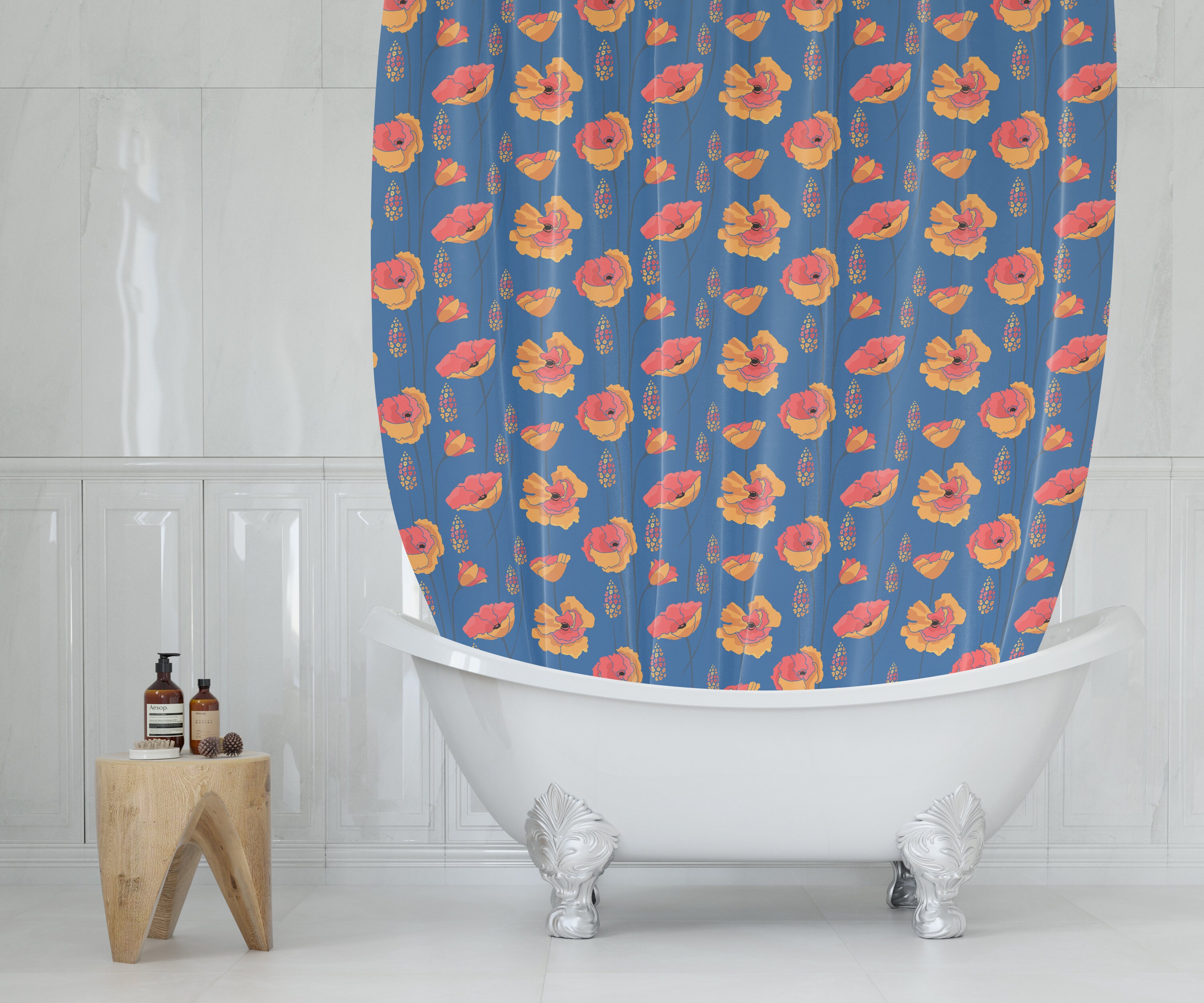 Bohemian Flowers Shower Curtain, Modern Bath Accessories, Orange & Blue Floral Boho Design - Image 4