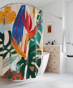 Bohemian Jungle Birds Of Paradise and Monstera Retro Flower Shower Curtain for a Tropical Bathroom