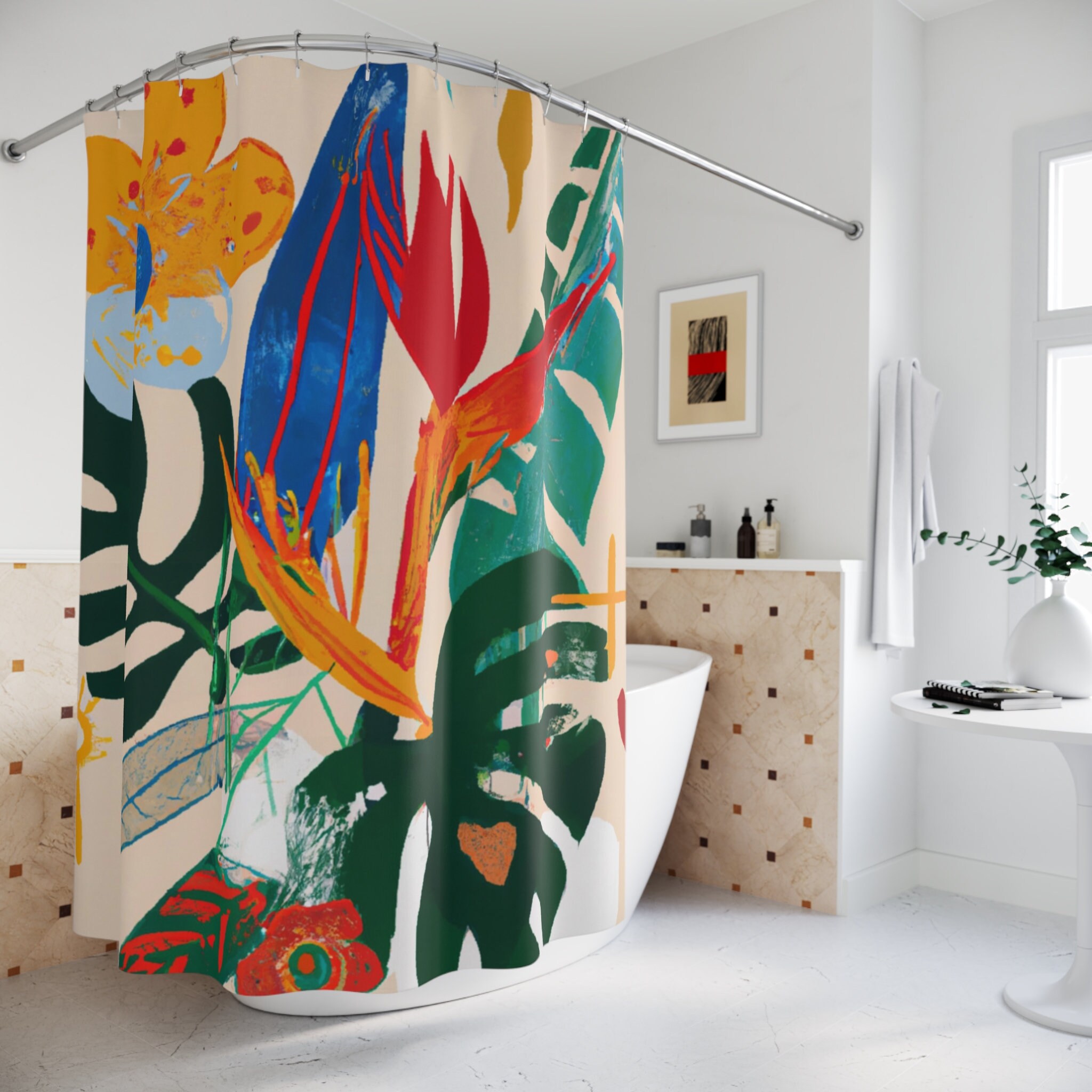 Bohemian Jungle Birds Of Paradise and Monstera Retro Flower Shower Curtain for a Tropical Bathroom