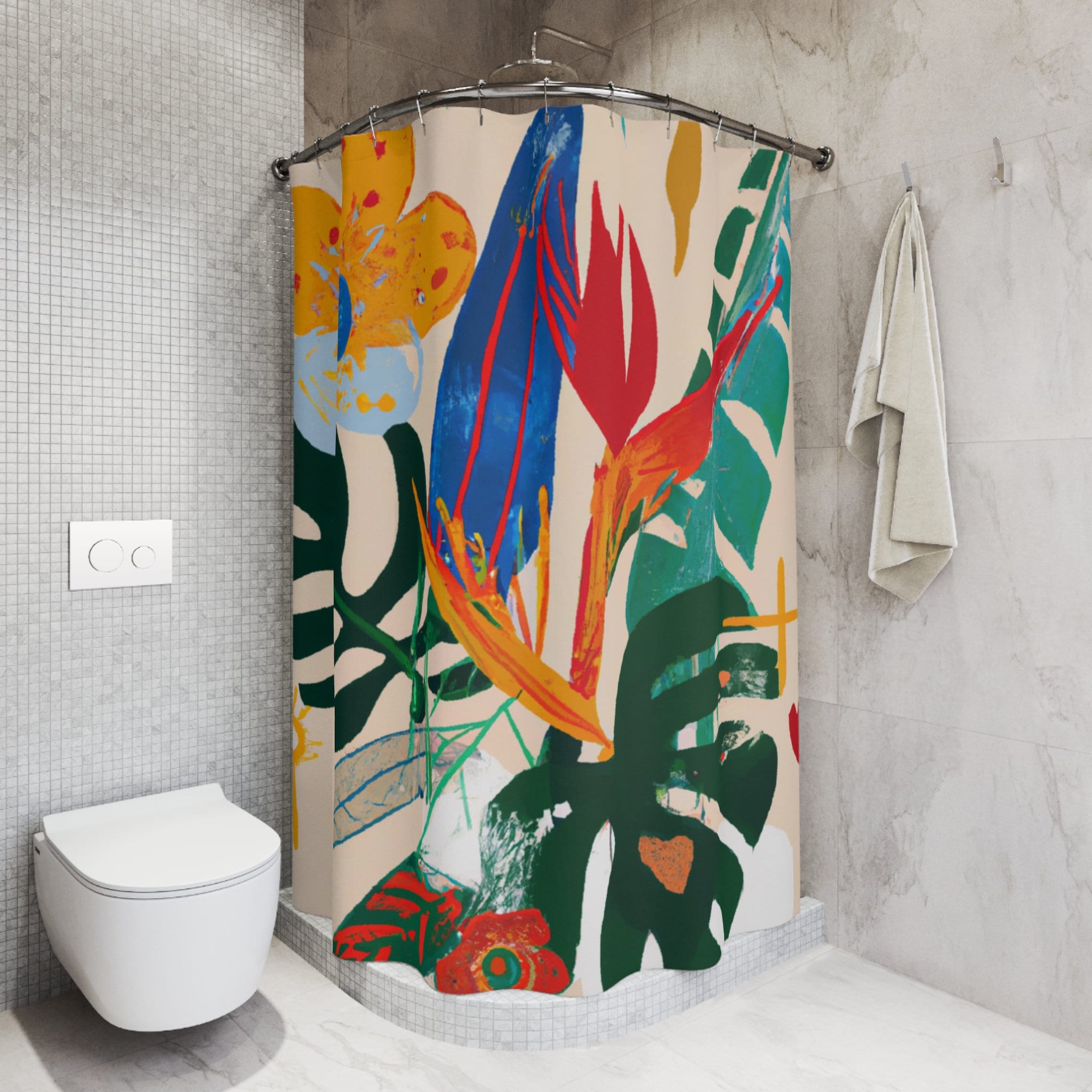 Bohemian Jungle Birds Of Paradise and Monstera Retro Flower Shower Curtain for a Tropical Bathroom - Image 2
