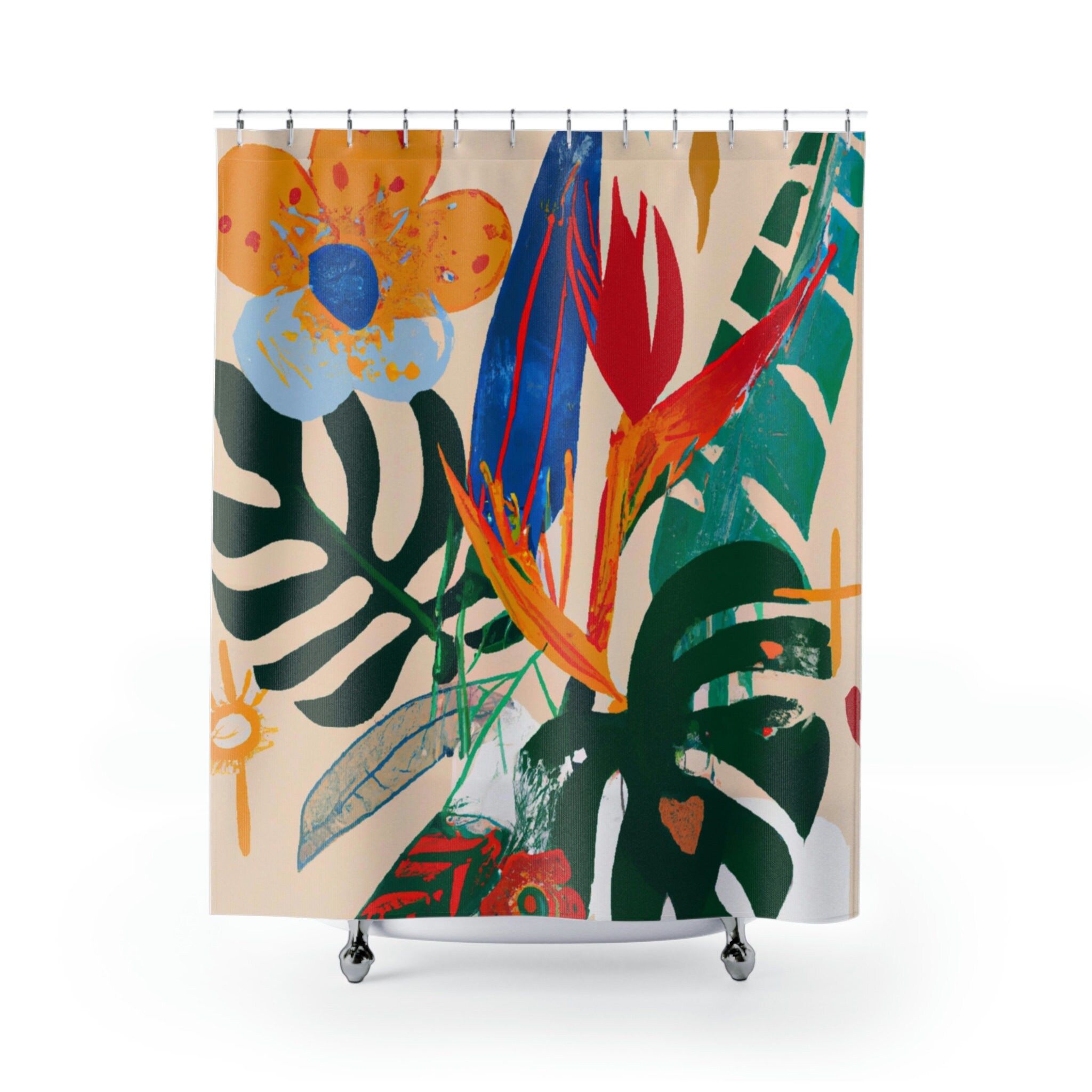 Bohemian Jungle Birds Of Paradise and Monstera Retro Flower Shower Curtain for a Tropical Bathroom - Image 3
