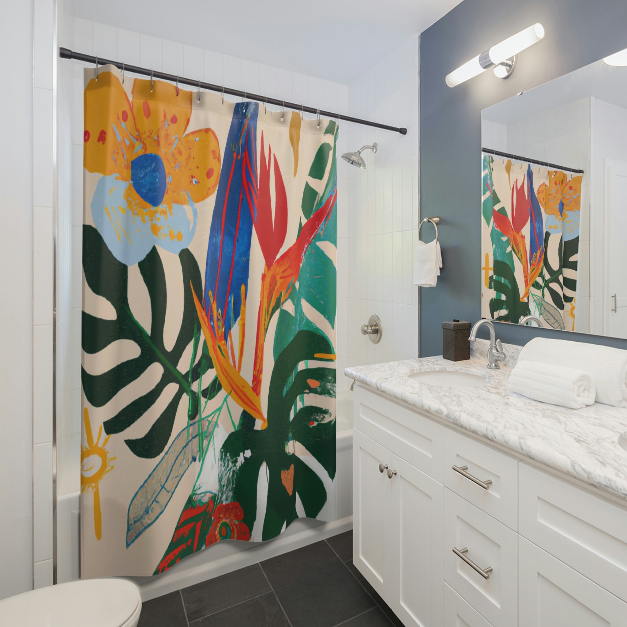 Bohemian Jungle Birds Of Paradise and Monstera Retro Flower Shower Curtain for a Tropical Bathroom - Image 4