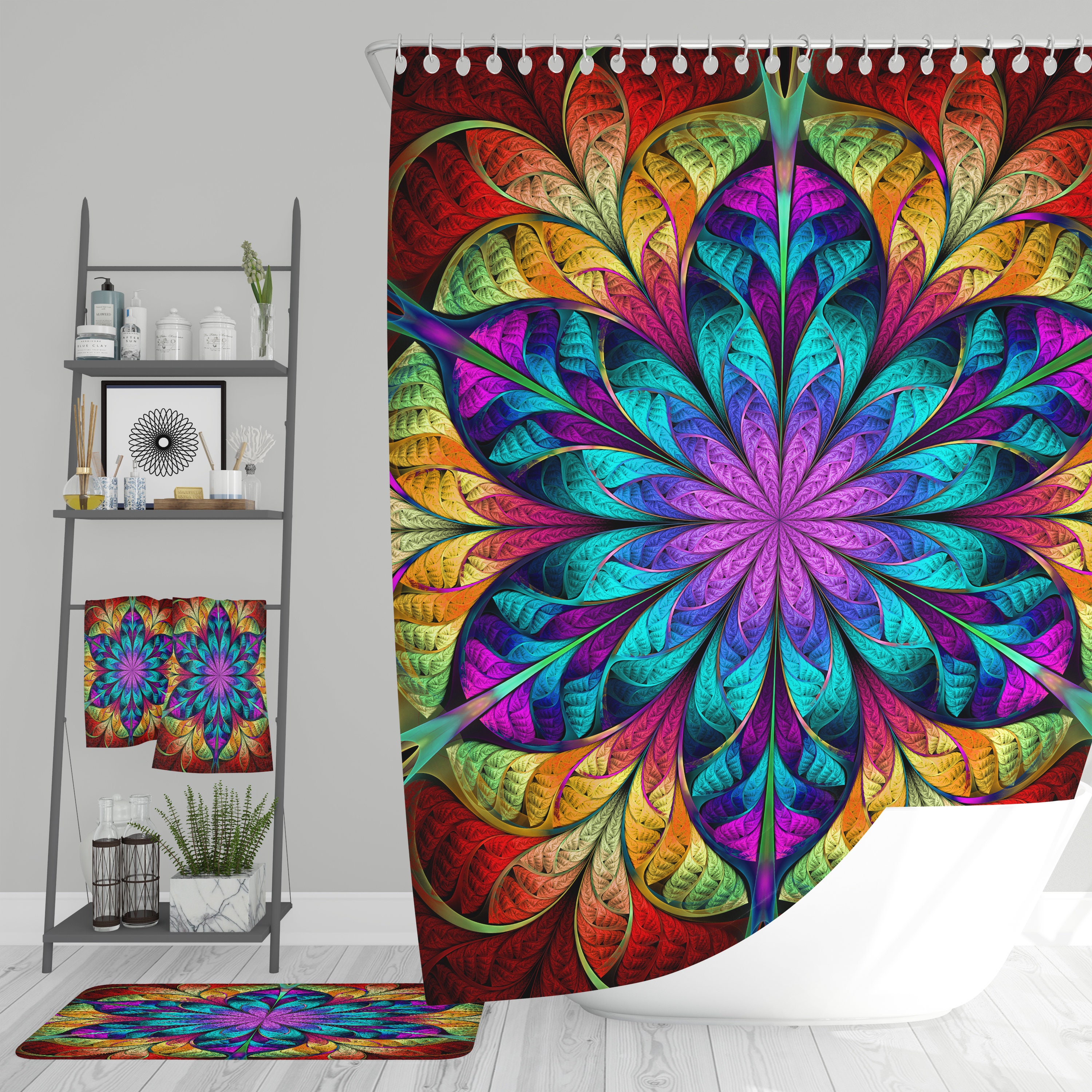Bohemian Mandala Shower Curtain with Matching Bath Mat and Towels