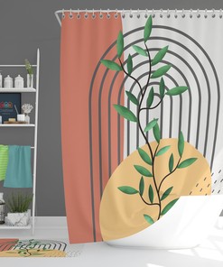 Bohemian Retro Fabric Shower Curtain and Mat, Green Leaves Boho Pattern for Home Bath Decor Accessories