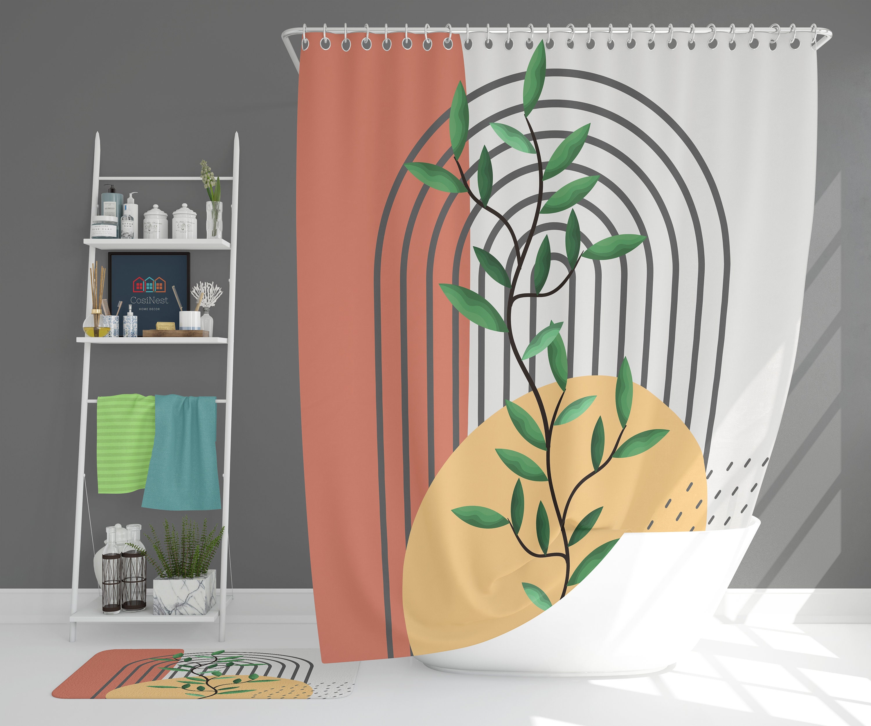 Bohemian Retro Fabric Shower Curtain and Mat, Green Leaves Boho Pattern for Home Bath Decor Accessories