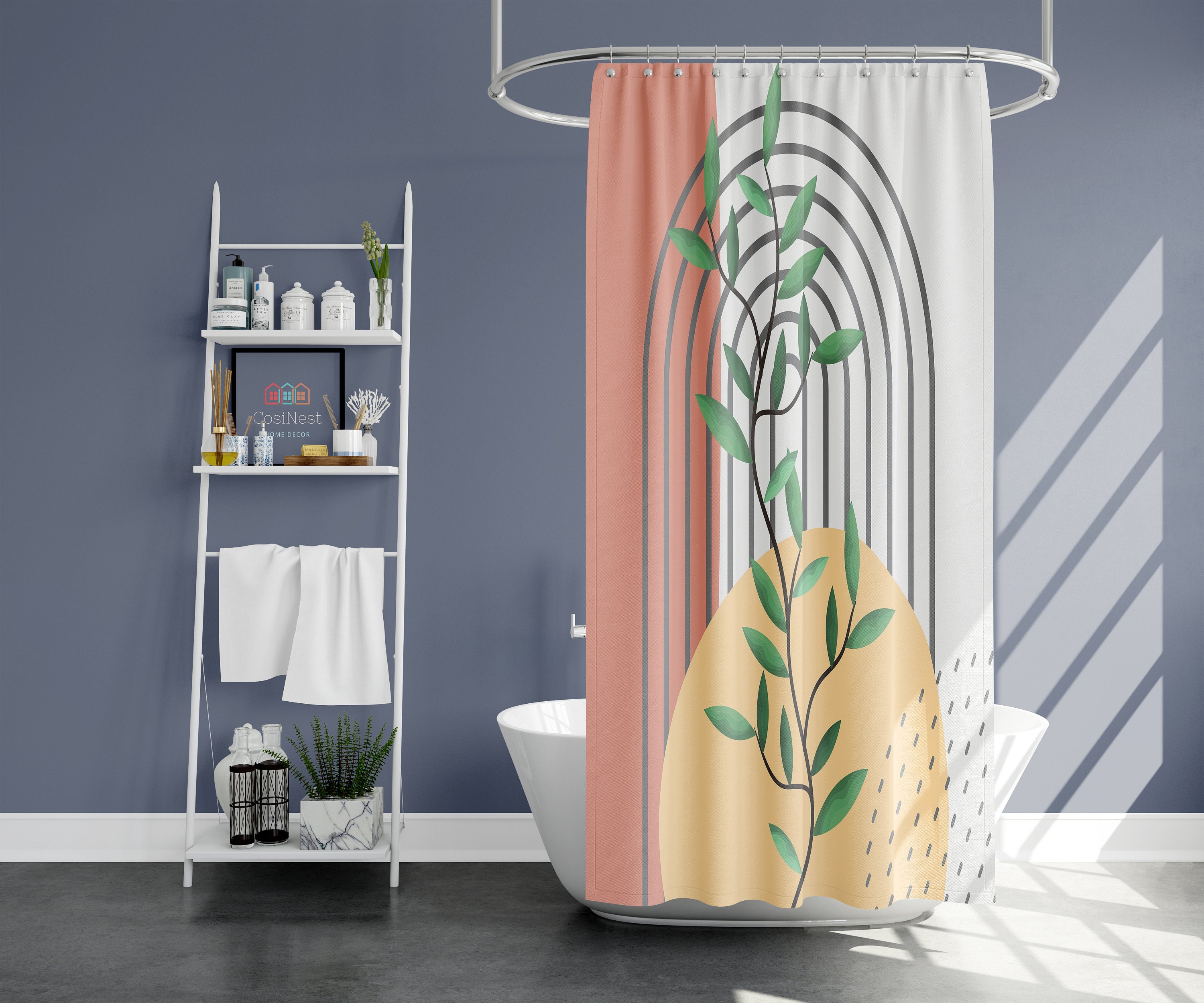 Bohemian Retro Fabric Shower Curtain and Mat, Green Leaves Boho Pattern for Home Bath Decor Accessories - Image 2