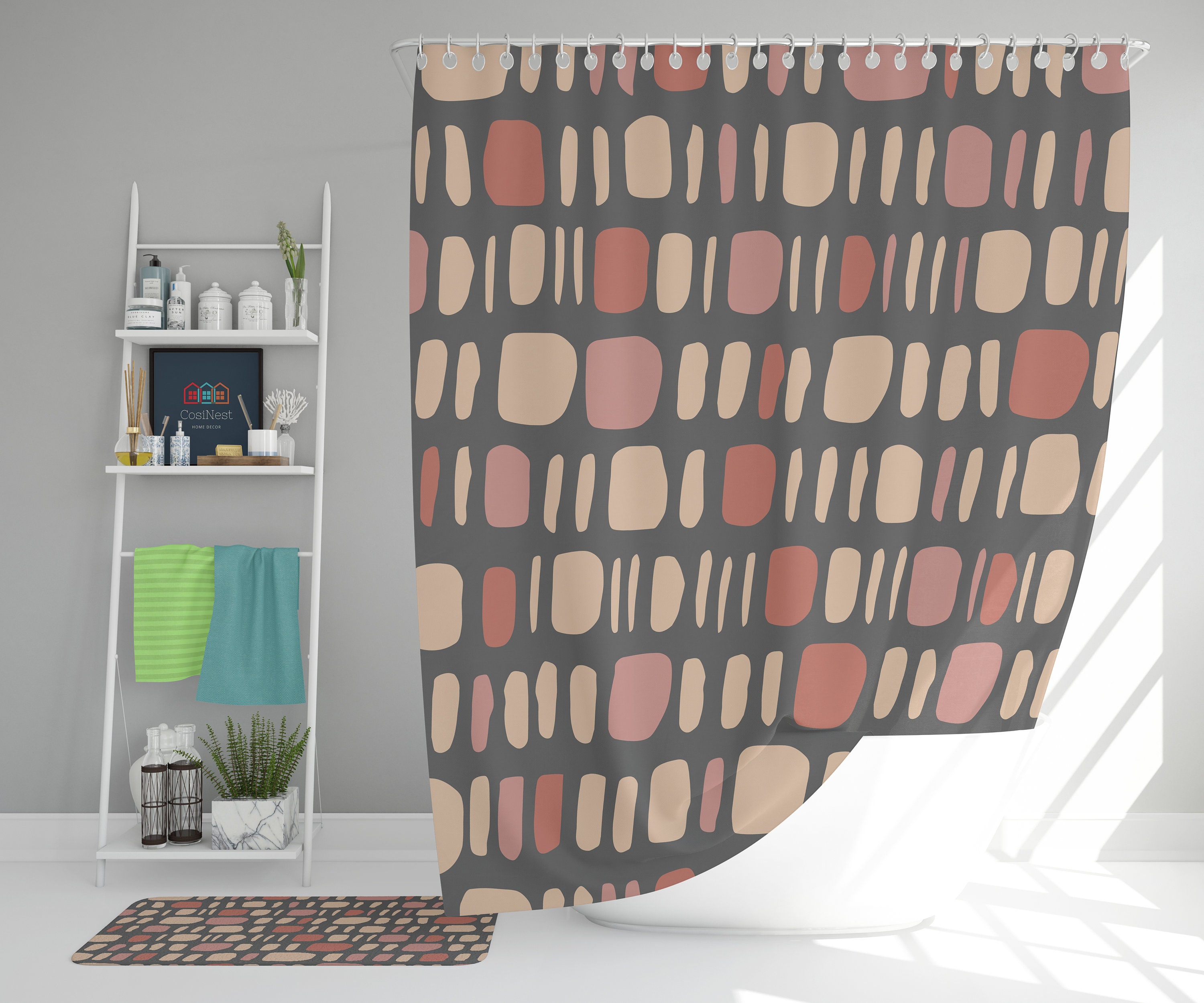 Bohemian Retro Minimalist Shower Curtain and Mat, Boho Abstract Pattern Shower Curtains Decorative
