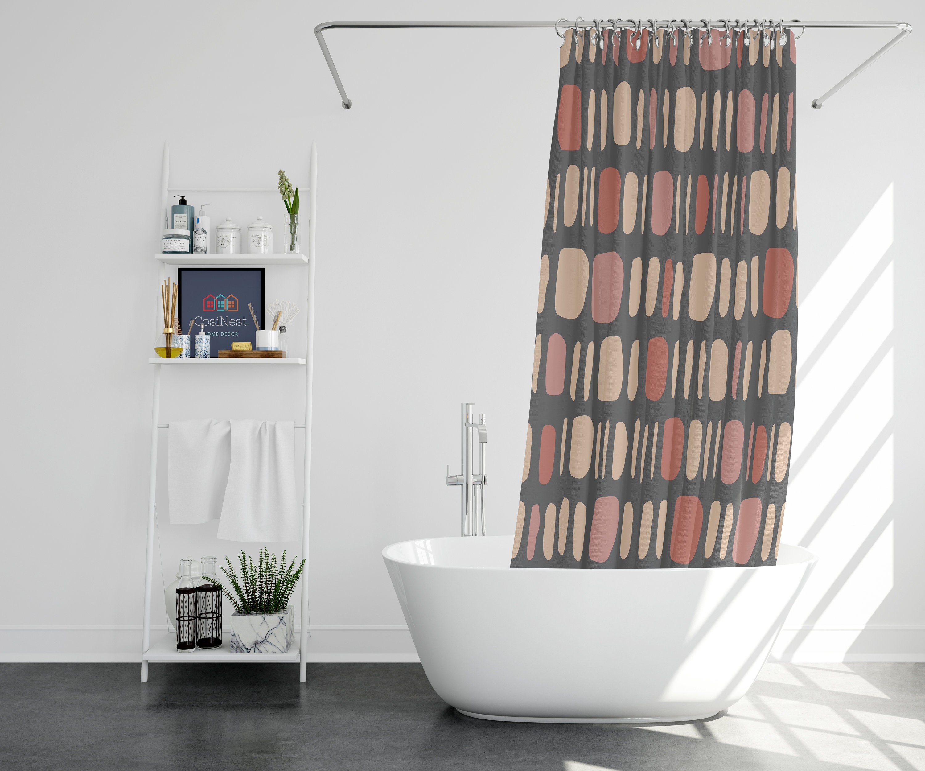 Bohemian Retro Minimalist Shower Curtain and Mat, Boho Abstract Pattern Shower Curtains Decorative - Image 2