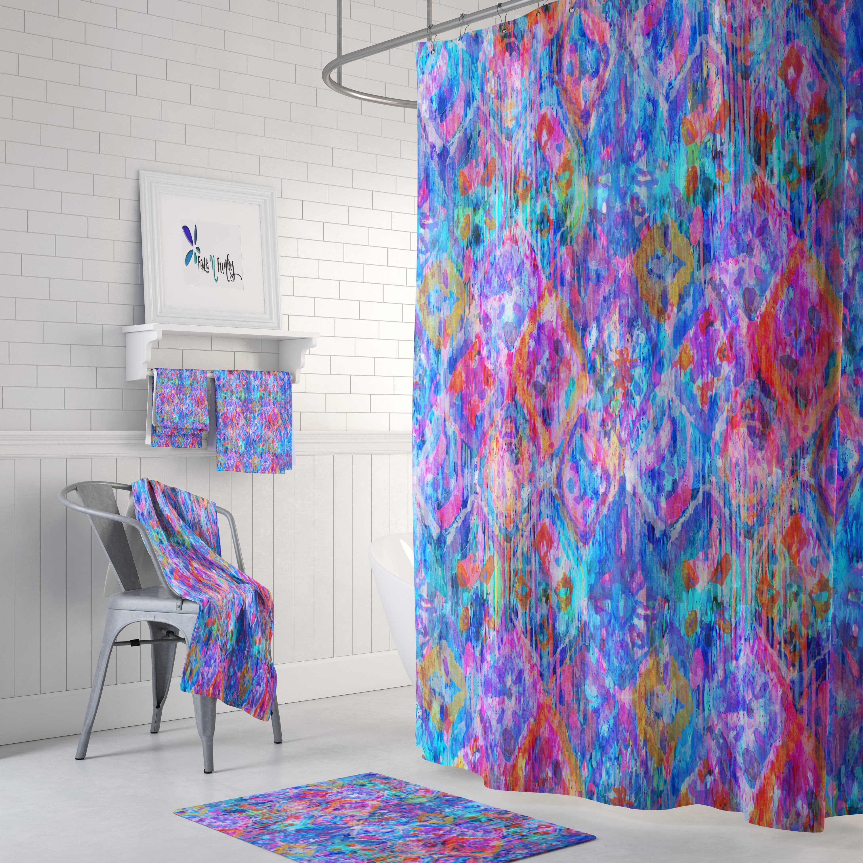 Bohemian Wild Shibori Shower Curtain Set with Coordinated Bath Towel and Mat