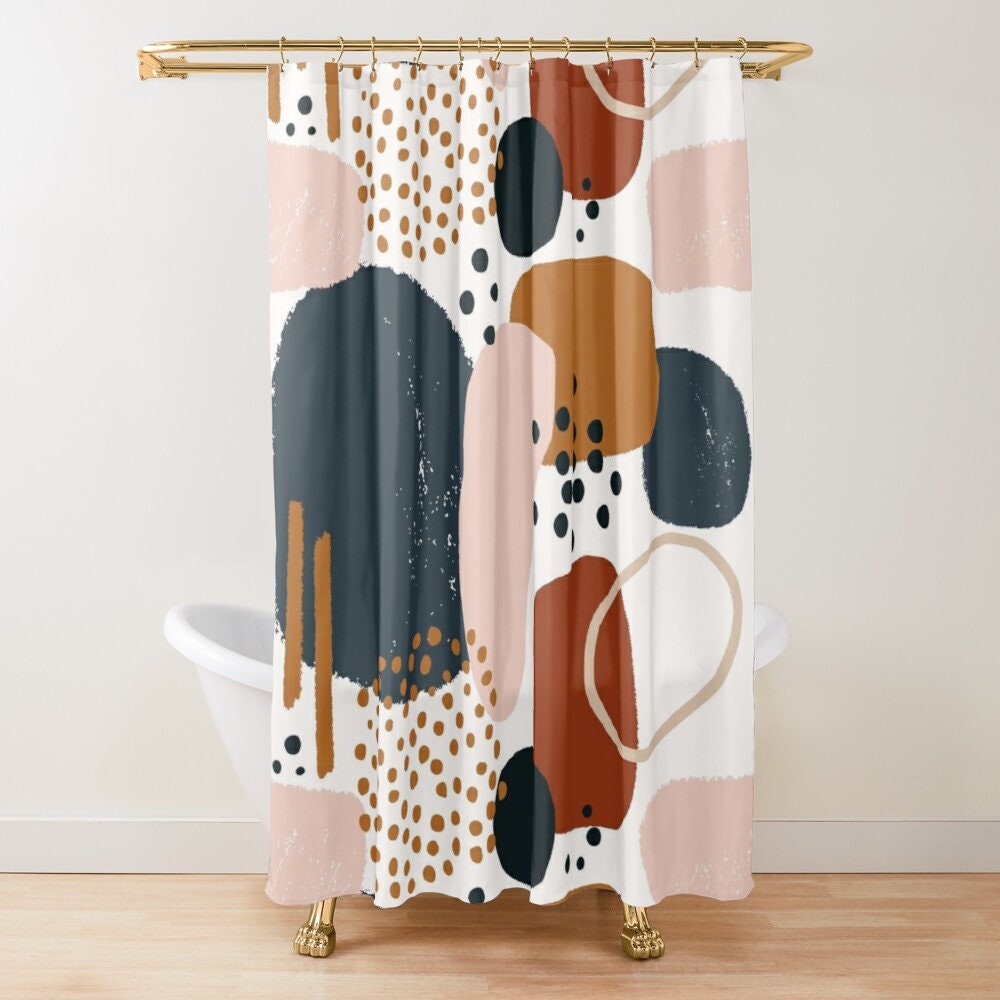Boho Abstract Art Watercolor Shower Curtain with Geometric Shapes and Rustic Colors,