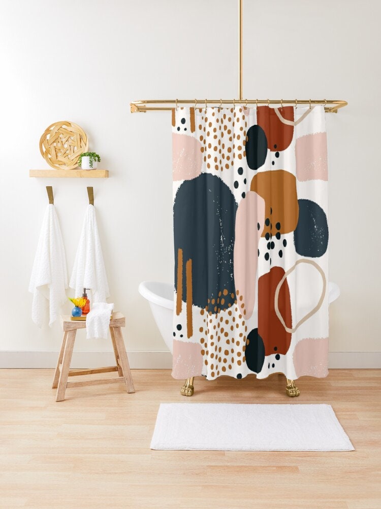 Boho Abstract Art Watercolor Shower Curtain with Geometric Shapes and Rustic Colors, - Image 2