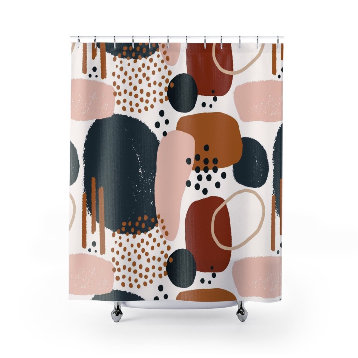 Boho Abstract Art Watercolor Shower Curtain with Geometric Shapes and Rustic Colors, - Image 3