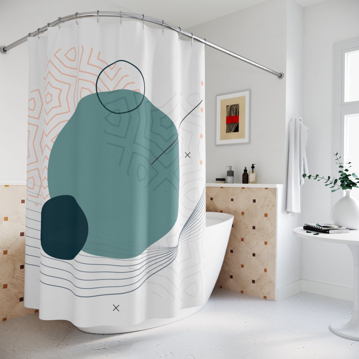 Boho Abstract Circles Shower Curtain or Mat, Modern Pal Minimal, Contemporary Japan Design, Japanese Bathroom Curtain