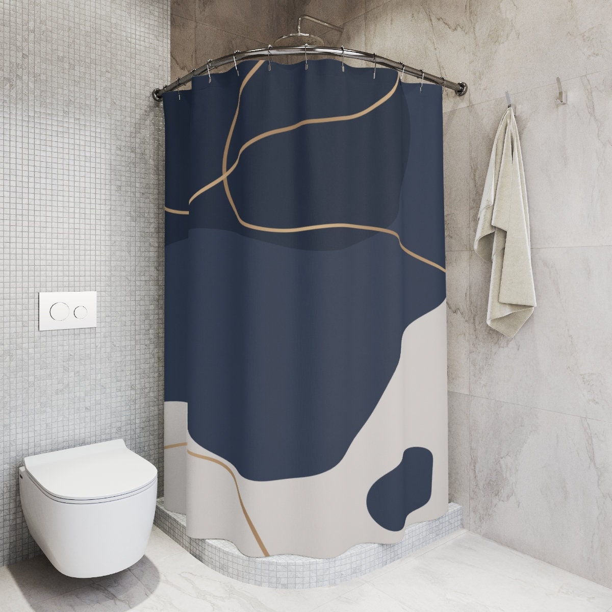 Boho Abstract Pattern Shower Curtain or Mat, Modern Blue Gold, Minimalist Mint Home Art - Best Shower Curtains - Image 2