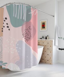 Boho Abstract Pattern Shower Curtain or Mat, Modern Blue Pink, Lake Designer Curtain